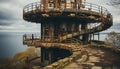 Abandoned factory on coastline, rusty machinery, working ship, industrial sunset generated by AI