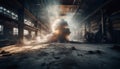 Abandoned factory in flames, smoke pollutes environment, destruction evident generated by AI Royalty Free Stock Photo