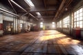 Abandoned factory interior with wooden floor and large windows Royalty Free Stock Photo