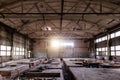 Abandoned factory. Large empty ruined industrial hall Royalty Free Stock Photo