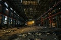 Abandoned factory. Large empty ruined industrial hall at night Royalty Free Stock Photo