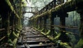 Abandoned factory, rusty equipment, old ruin nature growth vanishing generated by AI