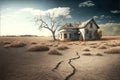 Abandoned farm house and dead tree amidst arid landscape. Climate change concept, generative AI illustration