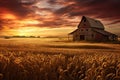 Abandoned farm house in a wheat field at sunset with dramatic sky, AI Generated Royalty Free Stock Photo