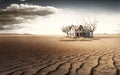 Abandoned farm in the middle of dried agricultural fields with cracked soil and trees. Drought ecological problem concept. Royalty Free Stock Photo
