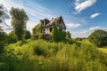 abandoned farmhouse surrounded by overgrown vegetation, with a view of the surrounding landscape