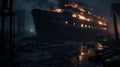 Abandoned Ferry Engulfed In Flames: Dark And Gritty Maritime Scene