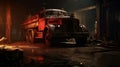 Abandoned Fire Truck In Dark Burned Warehouse: Cinematic Close-up Scene