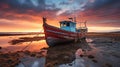 Abandoned fishing boat anchored on the shore