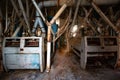 Abandoned flour milling factory. Old rusty roller mill equipment with pipeline