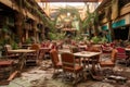abandoned food court, chairs and tables in disarray