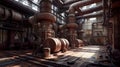 Abandoned, forgotten powerplant, old damaged machinery. AI generative industrial interior.