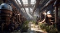 Abandoned, forgotten powerplant, old damaged machinery. AI generative industrial interior