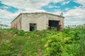 Abandoned garage house stands in the middle of a field overgrown with weeds Royalty Free Stock Photo