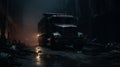 Abandoned Garbage Truck In Burned Warehouse: Cinematic Close-up Dark Scene