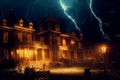 Abandoned ghost house scary night spectacular 3D illustration digital painting Royalty Free Stock Photo