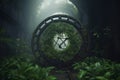 Abandoned giant rusty round device or gates stands amidst a lush forest, encircled by vibrant ferns and bathed in