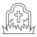 Abandoned grave thin line icon, halloween concept, grave overgrown with grass sign on white background, headstone with