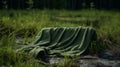 Abandoned Green Blanket In Rustic Woods Near Lake