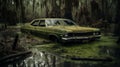 Abandoned Green Car Swamped By Moss Photorealistic Southern Gothic Scene