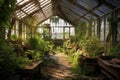 abandoned greenhouse with broken glass panes