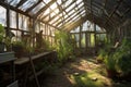 abandoned greenhouse with broken glass panes