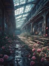 Abandoned greenhouse interior with pink roses. Generative AI