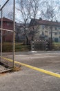 Abandoned handball goal court in brutalist styled quart