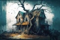 abandoned haunted house in the forest,illustration painting design