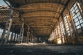Abandoned and haunted industrial creepy warehouse inside, old ruined grunge factory building Royalty Free Stock Photo
