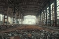 Abandoned and haunted industrial creepy warehouse inside, old ruined grunge factory building Royalty Free Stock Photo