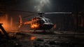 Abandoned Helicopter In Dark Factory: Realistic Still Life With Dramatic Lighting