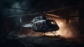 Abandoned Helicopter In Dark Warehouse - Cinematic Close-up Scene