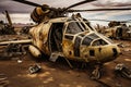 Abandoned helicopters strewn across a deserted airfield, their once sleek frames now showing the signs of weathering