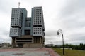 Abandoned high-rise building, cloudy weather, copy space. Unfinished shell construction. House of Soviets in Kaliningrad, Russia Royalty Free Stock Photo