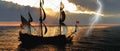 Abandoned historic sailing ship in the stormy sea with a lightning strike 3d rendering Royalty Free Stock Photo