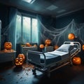 Abandoned hospital ward, spooky Halloween decor, pumpkin lanterns on bedside tables, cobwebs over medical equipment horror scary