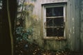 an abandoned house with a broken window in the woods Royalty Free Stock Photo