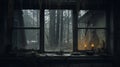 Abandoned House: A Dark Window Scene With Candles And Forestpunk Vibes