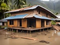 abandoned house with flooded water , tsunami attack