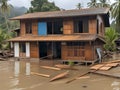 abandoned house with flooded water , tsunami attack