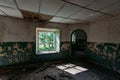 Abandoned house interior, dirty room, rotten peeled walls