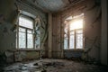 Abandoned house interior, dirty room, rotten peeled walls