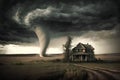 Abandoned house in the prairie with tornado approaching it.