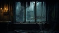 Enchanting Abandoned House: Water Stands Behind A Window In Goblincore Style