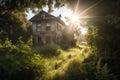 an abandoned house surrounded by overgrown grass, with sun rays peeking through the windows