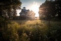 an abandoned house surrounded by overgrown grass, with sun rays peeking through the windows