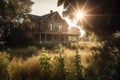 an abandoned house surrounded by overgrown grass, with sun rays peeking through the windows