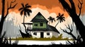 Abandoned House Surrounded by Tropical Foliage and Silhouetted Trees at Sunset Royalty Free Stock Photo