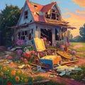 abandoned house, trees and flowers, chair, summer, evening Royalty Free Stock Photo